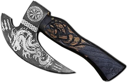 NovahavenHandcrafted Viking Pizza Axe - Carbon Steel Blade with Dragon Engraving & Ash Wood Handle - Sharp, Durable, Unique Pizza Cutter with Artisan Design (Black)