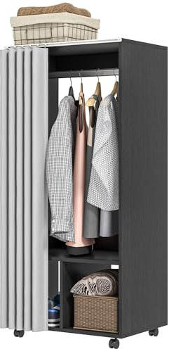 HOMCOM Armadio spogliatoio mobile con tenda Armadio su 4 ruote con appendiabiti e ripiani, armadio a rotelle per camera da letto, 60 x 40 x 128 cm, nero