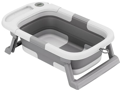 Tulano Bathe 25 Faltbare Babywanne mit LCD-Thermometer - Für Babys von 0-36 | Monaten - Antirutsch & platzsparend - Integrierter Stöpsel - Aufhängbar - Perfekt für Zuhause & Reisen - Grau