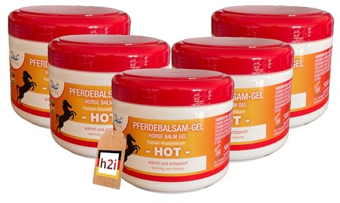 h2i Pferdebalsam Gel HOT – wärmendes Muskel- & Gelenkgel mit Arnika, Kampfer, Rosmarinöl & Chili – entspannendes Wärmegel für Rücken, Nacken & Beine – schnell einziehend – 5 x 500 ml – Made in Germany