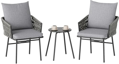 Outsunny 3-TLG. Rattan Bistroset, Sitzgruppe, Gartengarnitur mit 2 Gartensesseln, Couchtisch, abnehmbar Kissen, Balkonmöbel-Set für Garten, Terrasse, Stahl, Grau