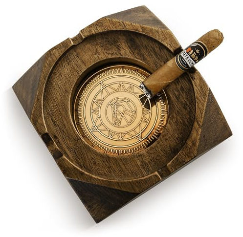 Wooden Cigar Ashtray Accessories for Cigarettes - Indoor Outdoor Patio Home Office Use - Quadrangular Wooden Brown Ash Tray Gift Set for Men Great Decor for Home Office or Bar