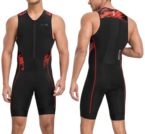 Santic Triathlondräkt för män vadderad onepiece ärmlös pro triathlon-dräkt racingsport trisuit kortärmad cykelsportdräkt för cykling simning löpning, röd, M