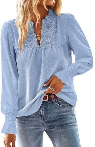 TUUHAW Blusa Mujer Manga Larga Boho Top con Mangas de Volantes Camisa Elegante con Cuello en V Casual Elegante Otoño Bordado Encaje Túnica Color Sólido Camiseta Azul S
