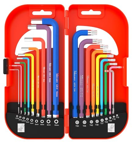 Allen Key Set 18 PCS | Hex Ball End & Torx Star Key Set, Colour Coded Metric 1.5-10mm T10-T50 for Furniture Assembly, Bike, Motorcycle Maintenance, DIY Tools with Case