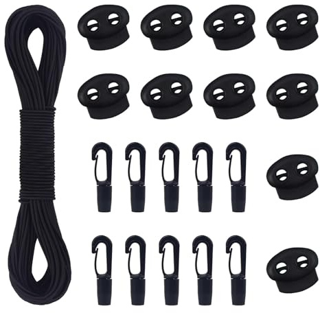 COEWUR 30 M Corda Elastica 3mm Tenditore Elastico Nero Elastico in Gomma Corde Elastiche con 10 Fermacorda a Molla 10 Gancio in Plastica per Teloni Tende Trasporto Lacci Zaino