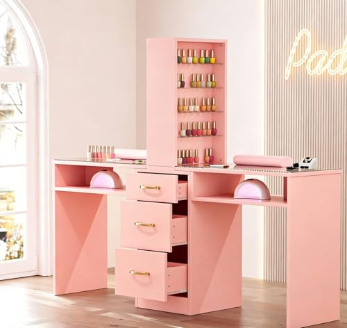 Belandi Double Manicure Table for Nail Tech with Drawers, Nail Desk Station w/3 Storage Drawers & 8-Tiers Open Shelves, Nail Spa Beauty Salon Workstation (White)