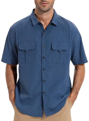 AMZSPORT Camicia da Uomo Funzionale A Maniche Traspirante con Bottoni Escursionismo Outdoor Protezione UV per Esterni, Sport, Tempo Libero, Pesca,Blu M