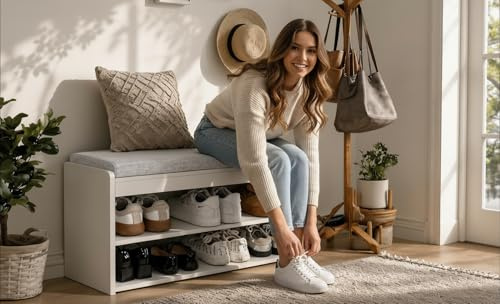 Zedelmaier Schuhbank mit Sitzfläche Polster Schuhregal Grau | Gepolsterte Schuhbank mit 2 Ebenen Schuhablage bietet Komfort und Ordnung für Flur, Eingang und Wohnbereich.