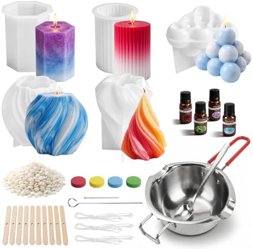 Kerzen Selber Machen Set, DIY Kerzenherstellungsset mit 1000g Sojawachs | Mit 5 Silikonformen, 4 Duftölen, Wachsschmelztopf, Farbblöcken, Dochten und Dochthaltern für kreative Kerzen