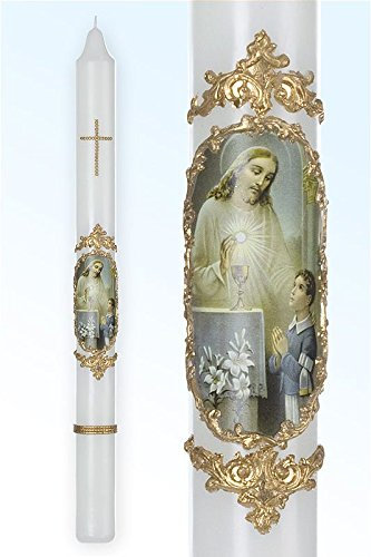 Celebration Kommunionkerze für Jungen 35 mm Nostalgisches Design mit Vintage Gold Matt-Finish, Unparfümiert