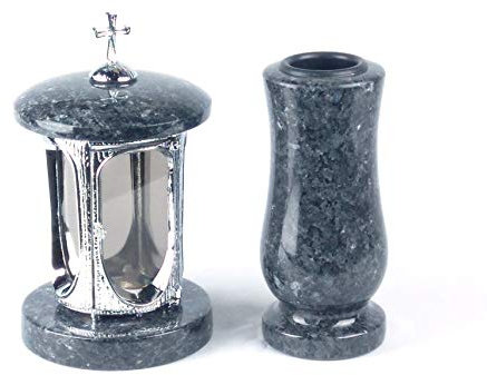 designgrab Tombe Lampe Chromé en Aluminium avec Croix en Aluminium et Vase funéraire en Taille de Medium en Granit Labrador Blue Pearl BP/Labrador Acier