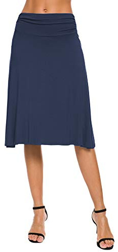 EXCHIC Donna Elegante Casual Elastico Midi Yoga Gonna Piega Media Vita Svasato A-Line Gonna(S, Blu Navy)