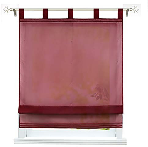 ESLIR Raffgardine mit Schlaufen Transparente Raffollo Gardinen Küche Voile Schlaufenrollo Vorhänge Modern Weinrot BxH 140x155cm 1 Stück