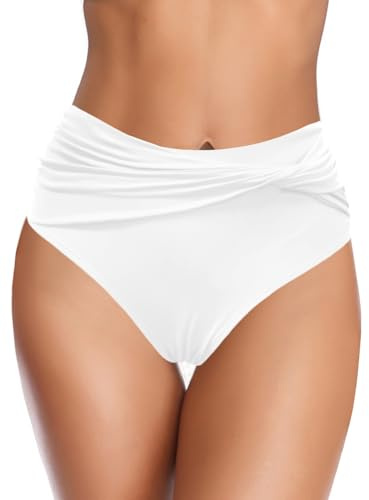 SHEKINI Donna Pantaloni da Spiaggia Elasticizzati Attillati da Bikini brasiliani Sexy a Vita Alta Twist Slip (S, Vita Alta-Bianco)