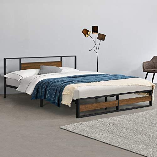 [en.casa] Struttura Letto Matrimoniale King Size in Acciaio con Testiera e Pediera Decorative in Effetto Noce Letto Doppio in Metallo 180 x 200 cm Stile Moderno - Nero/Effetto Noce