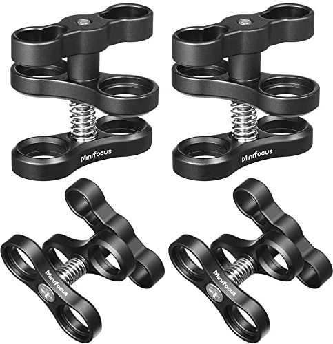 MINIFOCUS Lot de 4 supports de serrage à boule en aluminium de 2,5 cm pour système de plateau de bras lumineux de plongée sous-marine, support adaptateur à clip à 360° pour système de bras de lampe de
