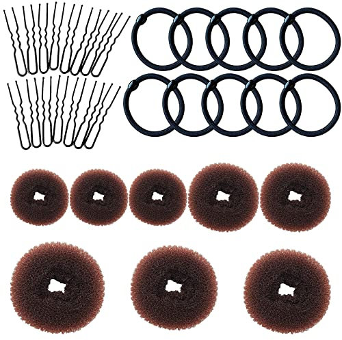 VEGCOO Chignon a Ciambella, 8 Pz Creatore per Pane Ciambella Chignon a Ciambella Magic Hair per Bambine e Donne, con 15 Elastici per Capelli e 15 Forcine Forma di U (Marrone)