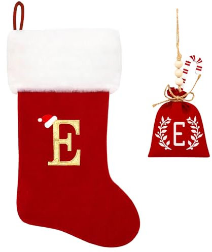 Eoocan 50.8 cm Monogramm-Weihnachtsstrümpfe, roter Samt mit weißer, superweicher Plüschmanschette, bestickte Weihnachtsstrümpfe, Urlaub, Dekoration (Buchstabe E)