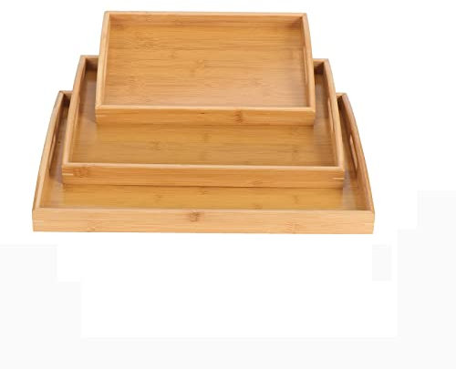 Coolty 3 Stück Bambus Serviertabletts mit Griff, Holzplatten 3 Größen Groß Mittel Klein Hölzernen Tabletts für Kaffee Essen Tee Frühstück Abendessen Küche Restaurant