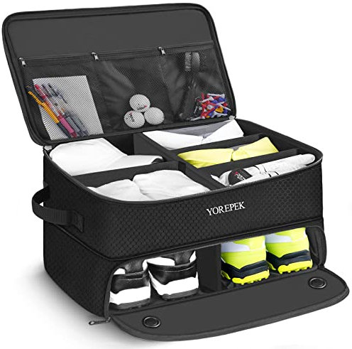 YOREPEK großer 2-lagiger Golf-Organizer für 2 Paar Schuhe bis Größe 49, wasserabweisend, mit belüftetem Fach. Ideale Aufbewahrung für Golfausrüstung und tolles Geschenk für Golfer, Schwarz
