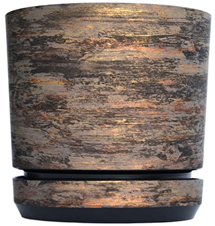 Blumentopf mit Untersetzer DEKOR Design 032 Rostige Rinde Ø16 die Wirkung des Stammes eines mit Rost und Gold bedeckten Baumes Wood-Like Rustic 16/032