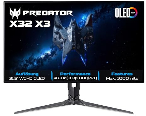 acer Predator X32 X3 Gaming Monitor 31.5 (80 cm Bildschirm) 4K (UHD), OLED, 240Hz/480Hz(DPR), 0.01ms (PRT)/0.03ms (GTG), 2xDP 1.4, 2xHDMI 2.1, Type-C 90W, USB HUB, FreeSync Premium Pro