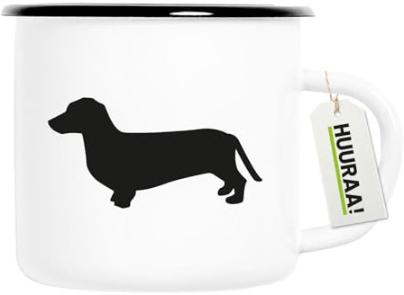 Huuraa Emaille Tasse Dackel Silhouette Geschenk | 300ml Becher Weiß mit Schwarzem Rand Vintage Campingbecher Geschenkidee Kaffeetasse als Wohnwagen Zubehör Campingtasse