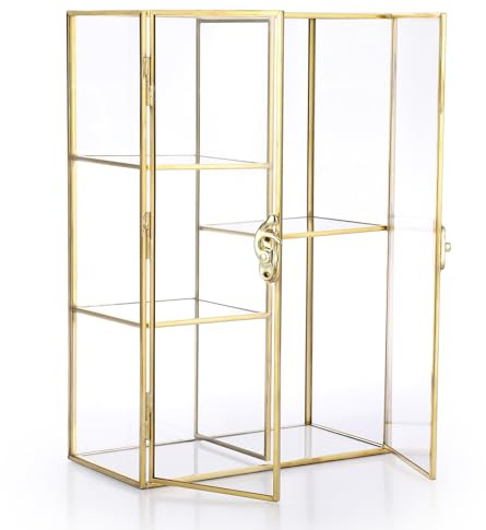 ELLDOO 5 Slots Clear Glass Storage Box, Gold Jewelry Makeup Display Organizer Case, Decorative Tower Box Storage for Trinket Perfume Lipstick Figure Statue Toy Display