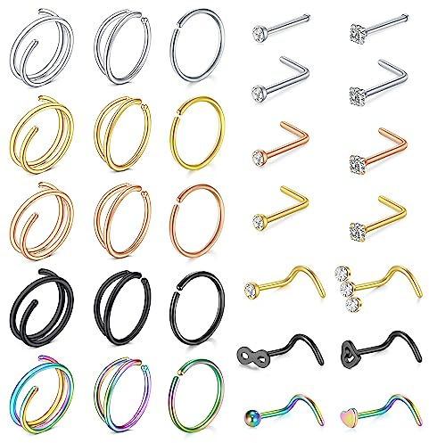 MODRSA Nose Rings Hoop Nose Rings for Women 20g Nose Rings Studs L Shape Nose Piercings Nose Ring Surgical Steel Corkscrew Nose Rings Hoops, Metal, stainless-steel