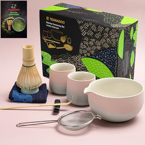 TEANAGOO 9 Pcs Matcha Whisk, Matcha Set Pink for Ceremony, Ceramic Matcha Kit, Pink Matcha Tea Set for Making Breakfast/Latte, Gift for Matcha Lover, Matcha Whisk Set and Bowl with All Accessories