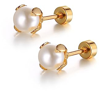 Shell Pearl Stainless Steel Earrings for Women Girls 14k Gold Plated Hypoallergenic 8mm Pearls Ball Tiny Stud Cartilage Tragus Screw Back Post Piercing Christmas Birthday Jewelry Gifts