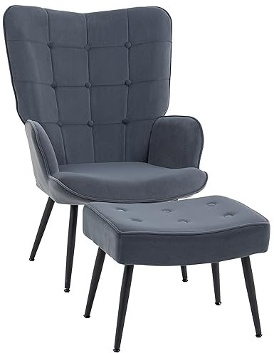HOMCOM Ohrensessel mit Hocker Sessel Loungesessel mit Samtoptik, Modern Relaxsessel, Polstersessel Lesesessel für Wohnzimmer, Schlafzimmer, Dunkelgrau
