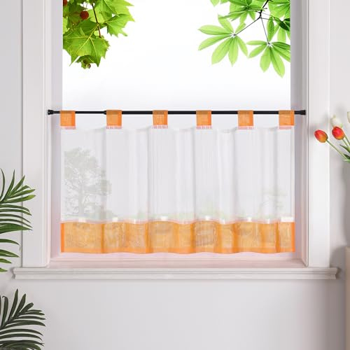 HeichkelL Scheibengardine, Leinenoptik Gardine, Orange HxB 120x125 cm | Küchengardine mit Schlaufen, Halbtransparent Bistrogardine, Landhausstil Kurzstores
