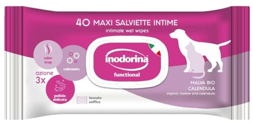 Inodorina Lingettes fonctionnelles pour Les Parties intimes des Chiens et des Chats (12 Paquets de 40 pièces, Mauve et Calendula Bio) - Lingettes pour Animaux de Compagnie en Tissu résistant