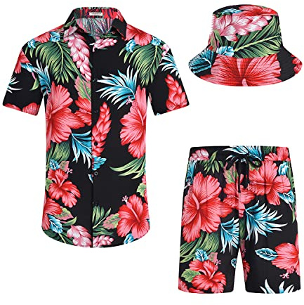SPKPKEY Ensemble de 2 chemises hawaïennes et shorts pour homme - Chemise décontractée boutonnée - Tenue de plage d'été avec chapeau cloche