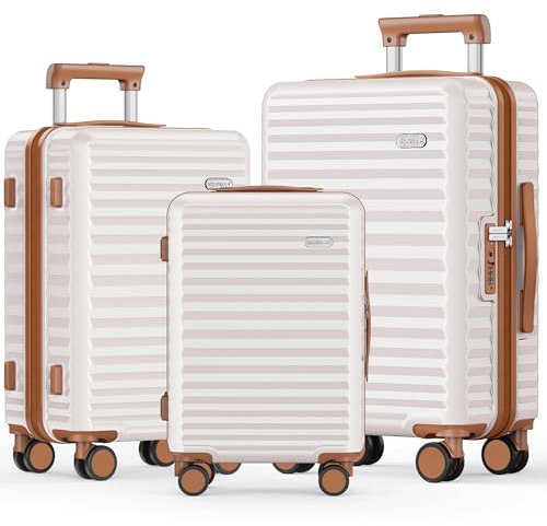 SHOWKOO Kofferset 3 Teilig Hartschale Erweiterbar 100% PC Leicht Haltbar Trolley Handgepäck Reisekoffer mit 360° Doppel Spinner Rollen & TSA Schloss (M L XL -Beige Weiß)