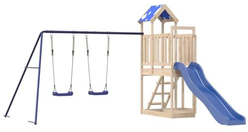vidaXL Outdoor Playset - Solid Pine Wood, Kids Garden Playhouse with Wave Slide, Double Swing, Ladder & Sandbox, Blue/Brown