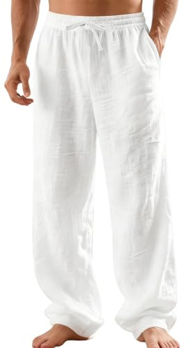 TRFIC Mens Linen Pants Yoga Beach Loose Fit Casual Summer Elastic Waist Drawstring Baggy Trousers with Pockets White