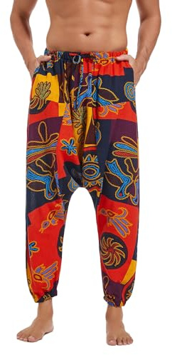 AITFINEISM Herrbyxor Med Dragsko Lässige Hippie Harem Byxor Löst Drop Crotch Byxor (3XL,Stil Orange)