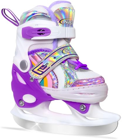 Nattork Girls Ice Skates for Kids 4 Size Adjustable Rainbow Ice Skate with Fleece Lining for Outdoor & Rink (Purple, M)