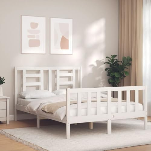 Iiaky Massivholzbett mit Kopfteil Bettgestell Bed Frame Holzbett Kopfteil Bett Schlafzimmer Bett Massivholzbetten Weiß 140x200 cm - 3192882