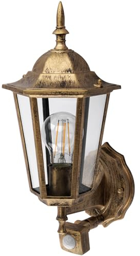 Lumiled Außenwandleuchte mit Bewegungsmelder Vintage 230V Wandlampe Außenlampe Wandleuchte Aluminium Patina Glas IP44 Wasserdicht für E27 Leuchtmittel Outdoor Außen Garten Retro Gartenlampe
