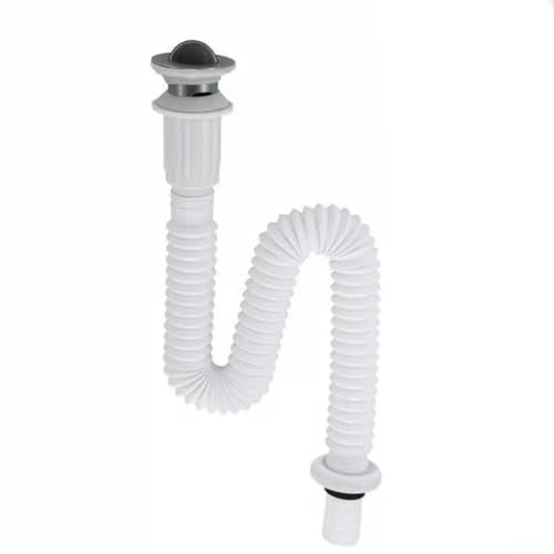 HEBEOT Flexibler Siphon für Küchenspüle, flexibler Ablaufschlauch, Ablaufverbinder mit automatischem Verschlussmechanismus, teleskopisch, 350–800 mm (weiß)