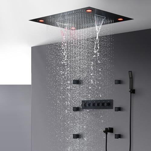 Duschsystem Mit Thermostat,Multifunktionales Schwarz Unterputz Dusche,600x800mm Kopfbrause Verfügt Über Vier Wasserstrahlmodi,Mit 6x2zoll Massage-Körperdüsen,Mit Duschsäuleset Handbrause Und Unterer