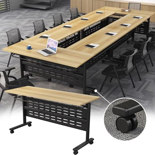 Faltbarer Konferenztisch mit Rollen, tragbarer Konferenztisch, Edelstahlbeine, 104 kg Tragkraft, Büro-Trainingstisch, Schwarz & helles Walnuss, 140 x 61 x 76 cm und 140 x 40 x 76 cm