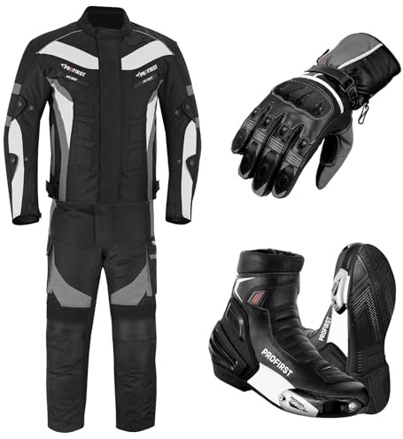 PROFIRST Men's Motorbike Suit with Motorcycle Boots & Gloves - 2-Piece Riding Suit with CE Approved Full Armors, Jacket, Trousers, Boots & Gloves All Season
