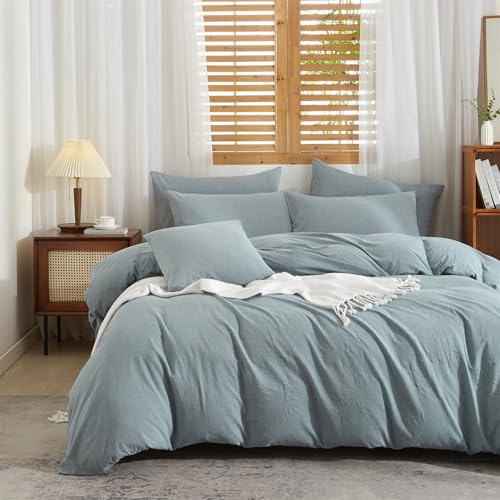 Gezu Housse de Couette 100% Coton 140x200 Bleu Demi-Lin Coton Lin Parure de Lit Lin Mélangé Doux Respirant Douillet Coton Lin Linge de Lit 2 Personne avec Fermeture Éclair et Taies d'oreiller 65x65cm