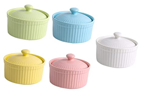 OFFSCH Bol à Soufflé En Céramique 5 Pièces Couleurs Assorties Avec Couvercle Résistant Four Micro-ondes Réfrigérateur Polyvalent Pour Dessert Cuisson Et Service