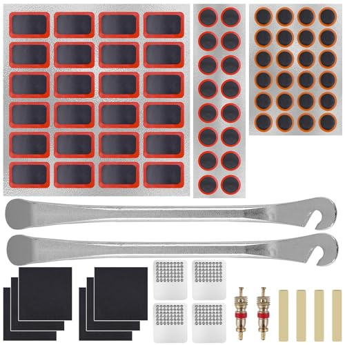 Tomorotec 86PCS Bike Flat Tire Repair Kit, 3 Patch Sizes, 2 Extra-Strong Stainless Steel Tire Levers, Tire Shovels, Metal Files, Portable Storage Box for On-The-Road Repairs